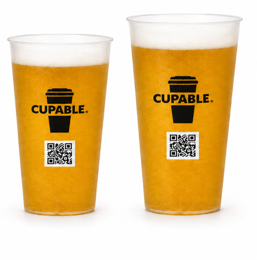 Two clear Cupable cups filled with beer, each with its own visible printed QR code